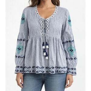 Rose & Rose Long Sleeve Embroidered Double Tie Front Blouse Top Blue Large